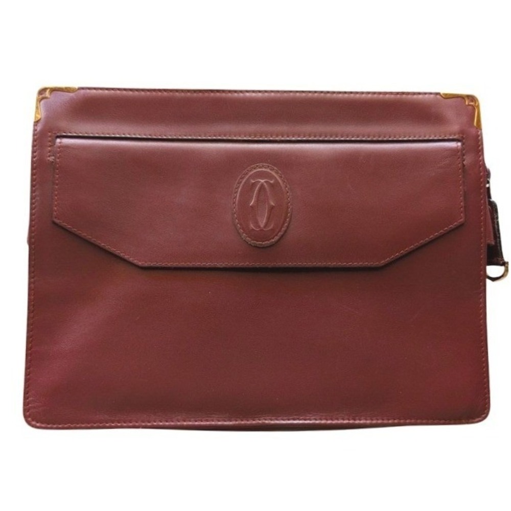 Vintage Cartier Les Must de Cartier‎ Burgundy Leather Clutch Bag Gold Corners